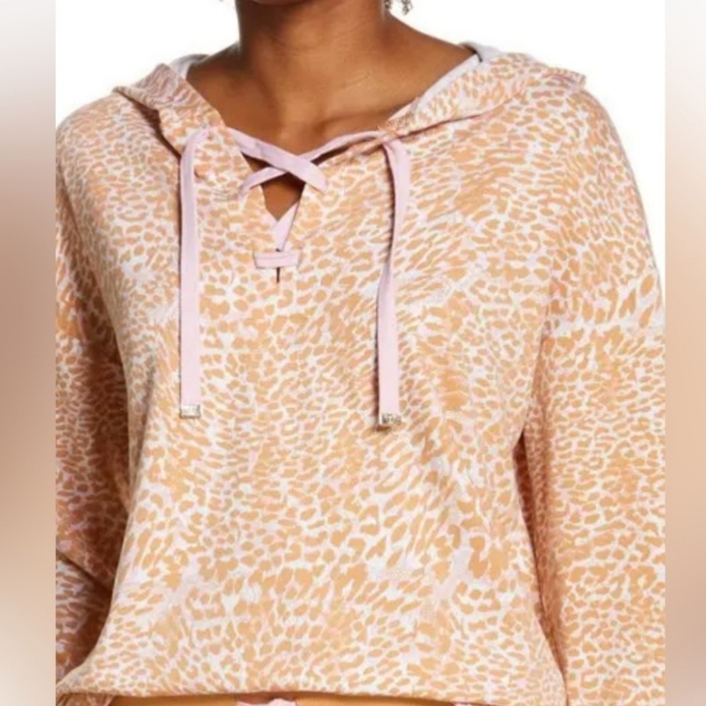 🆕️Laila Ali Lace Up Hoodie tan/pink animal print w/metallic embroidery